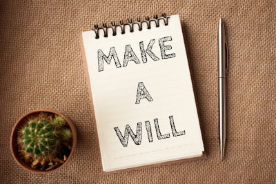 Image of a notepad with the words Make a Will written on it with a cactus and pen beside it