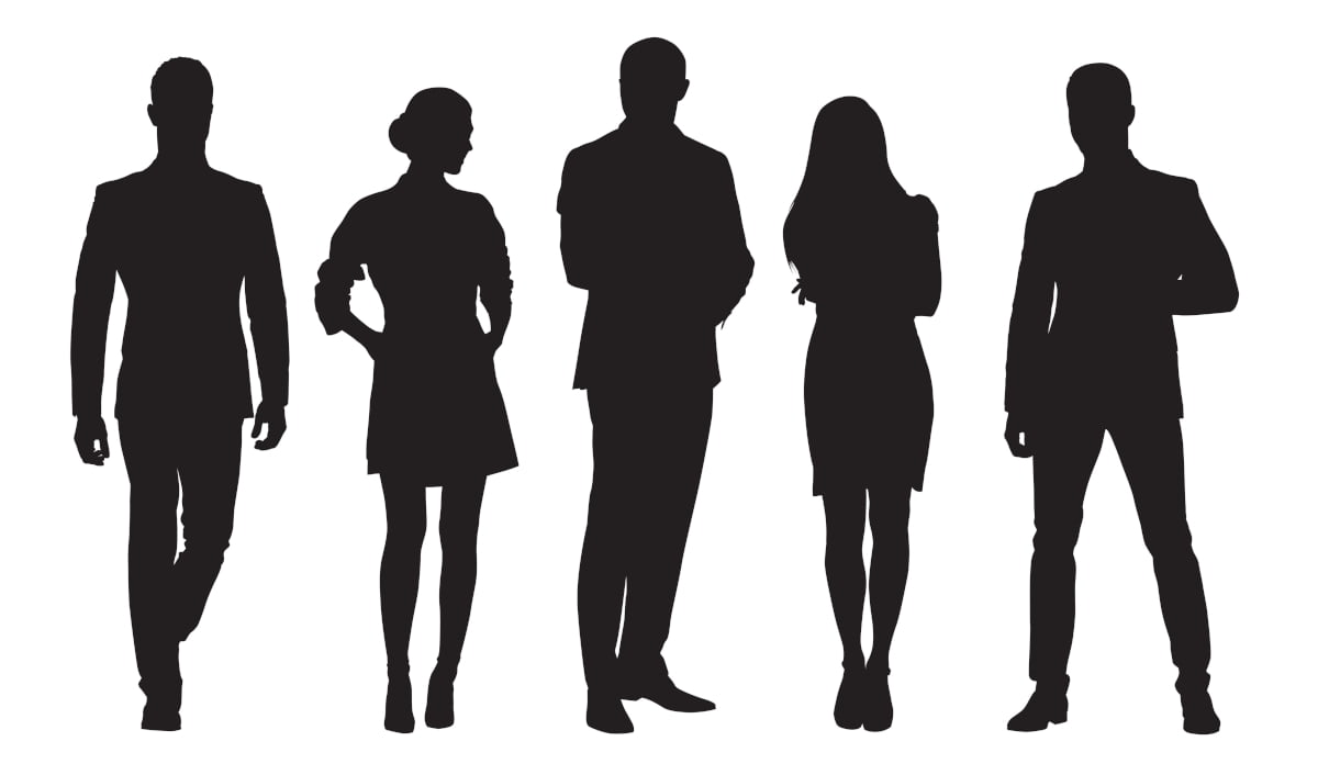 Business men and women, group of people at work. Isolated vector silhouettes People
